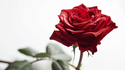 Elegant red rose with dew on petals against a soft white background, symbolizing love and romance.