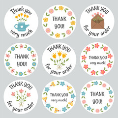 Thank you for your order, thank you round stickers, labels for packaging, letters, small business gift thanks, clients and customers appreciation. Thanks rounded sticker with flowers frame, lettering.