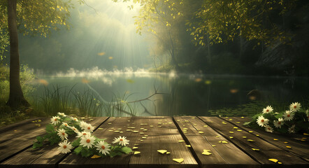 Tranquil lake scene with sunbeams piercing through mist, wooden pier, and lush greenery.