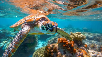 Underwater Turtles, Serene image of sea turtles swimming underwater, highlighting the beauty of marine ecosystems.