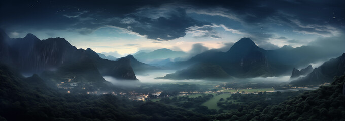 Panorama landscape of settlement or village in valley surrounded by mountains with fog and clouds - obrazy, fototapety, plakaty