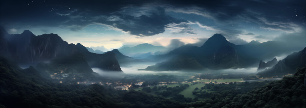 Panorama landscape of settlement or village in valley surrounded by mountains with fog and clouds