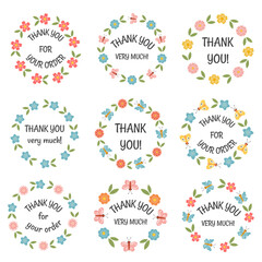 Thank you, appreciation round stickers with floral ornament and Thank you very much lettering. Printable labels, tags for gift, orders packaging, small business, florist, beauty. Give thanks.