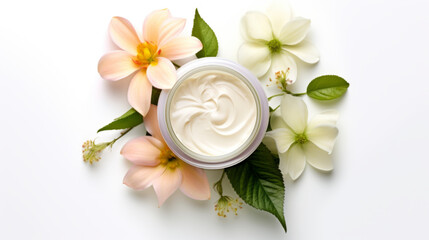Obraz na płótnie Canvas Jar with cream and flowers on white background, top view