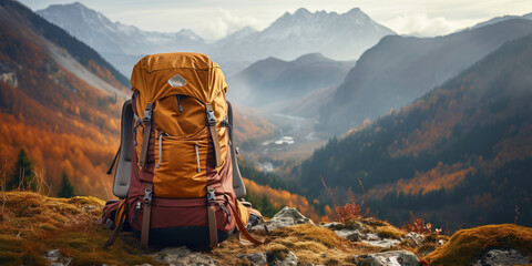 Hiking Backpack on Travel Background in the Mountains - obrazy, fototapety, plakaty