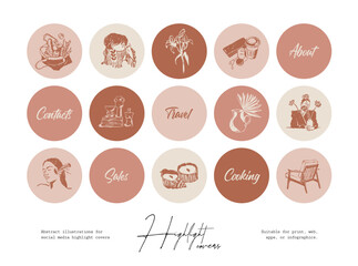 Set of minimalist icons for highlight cover stories, logo design, brand identity, social media, wallpaper, packaging.