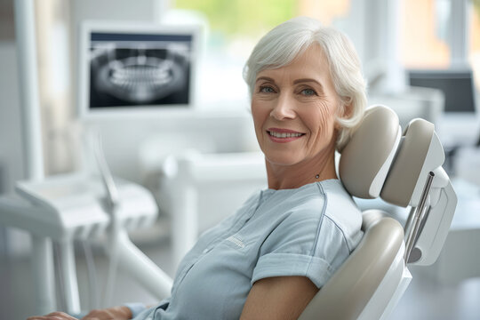 Successful dentist appointment. Attractive middle aged woman in dentist chair. She is in a healthcare setting with medical equipment visible in the background.
