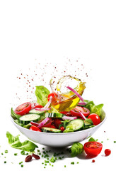 Flying salad in motion, made of tomatoes, cucumbers, salad, spices, olive oil on the white background with copy space for text