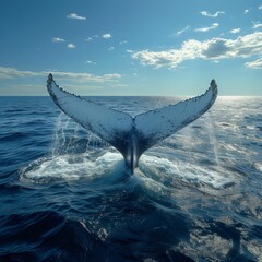 Fototapeta premium Whale Tail in Ocean, Majestic image of a whale's tail emerging from the ocean, representing the wonders of marine life.