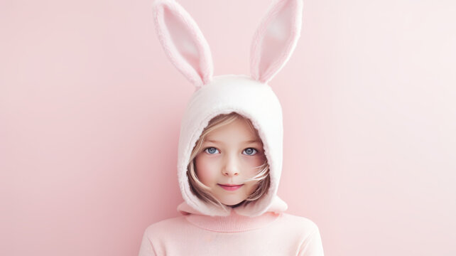 Beautiful little girl with rabbit ears on pastel background