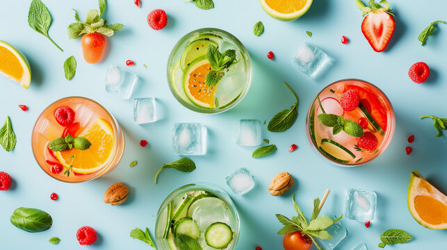 Fruit and vegetable cocktails on a pale blue background