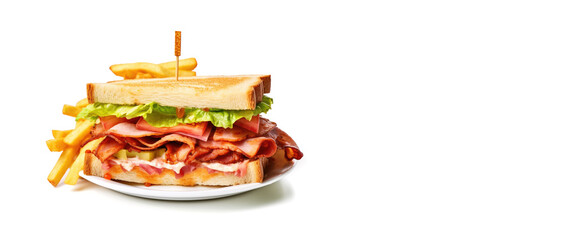 Layered tall club sandwich on the white background with ham, cheese, tomatoes, lettuce served on white plate, copy space for text, banner