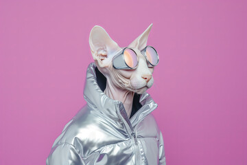 Obraz premium Sphynx Cat with Sunglasses, Silver Hoodie Fashion on Pink Background