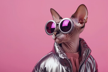 Sphynx Cat in Silver Jacket and Oversized Sunglasses, Pink Fashion Statement