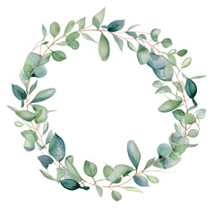 Naklejka premium Wedding frame, Watercolor eucalyptus leaves, clipart for wedding design. wedding elements. on transparent background.