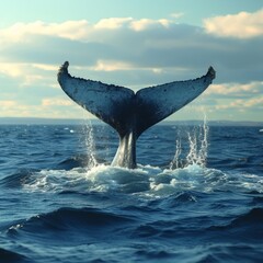 Naklejka premium Whale Tail in Ocean, Majestic image of a whale's tail emerging from the ocean, representing the wonders of marine life.