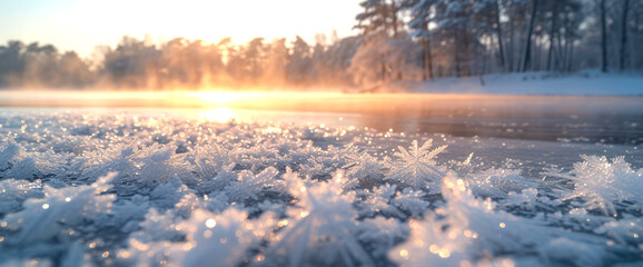 frozen lake in winter, Frosty Lakeside Morning, Delicate frost crystals blanket the edge of a tranquil lake, with a forest shrouded in mist and the soft glow of sunrise in the background - obrazy, fototapety, plakaty