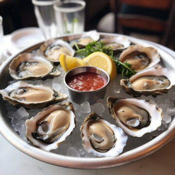 Fresh oysters with lemon on a round plate. Oyster season.