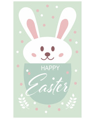 Cute easter bunny on a polka dot background. Greeting card, holiday poster, cartoon children's style, vector.