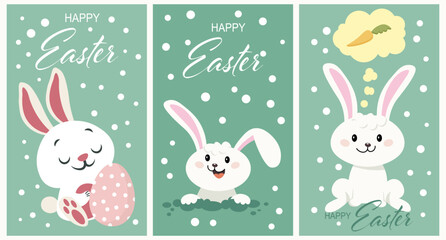 Cute Easter Bunny. Postcard set, holiday poster, cartoon childish style, vector