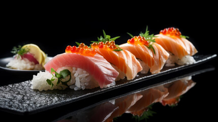 Side view of portion of Japanese sushi roll with caviar, avocado and salmon on top served on wooden board.