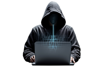 Hacker wearing a black hoodie and a mask, sits down with a laptop, hacks, and steals. Cybersecurity, harmful intentions, dark net fraud, Isolated on transparent background PNG.