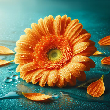 Beautiful orange flower Gerbera with water drops on turquoise abstract background. Macro photography.