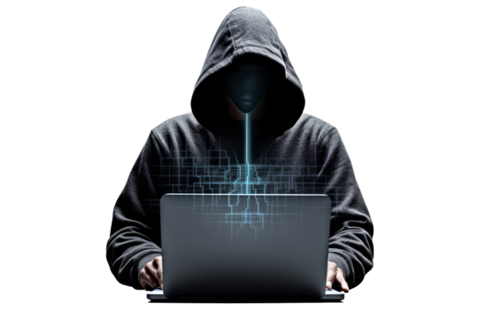 Hacker wearing a black hoodie and a mask, sits down with a laptop, hacks, and steals. Cybersecurity, harmful intentions, dark net fraud, Isolated on transparent background PNG.