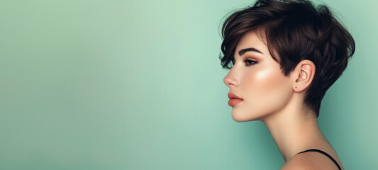 Young female model showing stylish short hairdo side view. Portrait of a beautiful girl with a short haircut. Grey background. Profile side view portrait of attractive dreamy girl. - obrazy, fototapety, plakaty