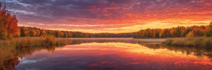 A picturesque landscape of a large lake surrounded by trees at sunset, with reflections on the water and a red cloudy sky in the background