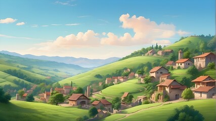 A quaint village nestled between rolling hills and lush greenery under a clear sky