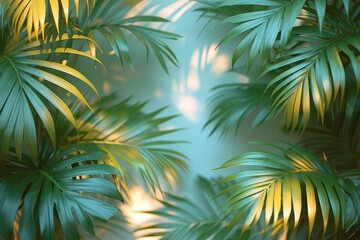 Fototapeta na wymiar Vibrant hues of green and yellow dance upon a group of palm branches, each leaf a testament to the strength and beauty of terrestrial plants in the arecales family