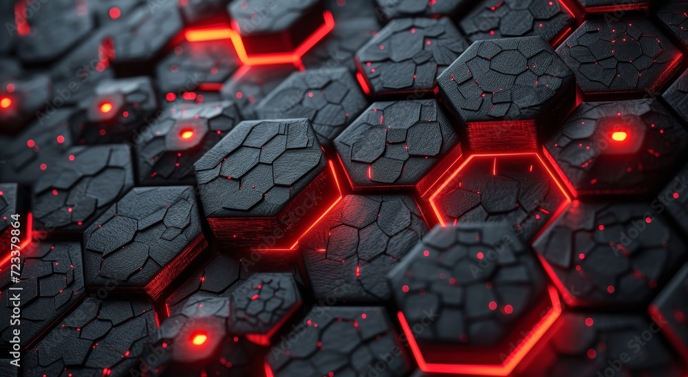 Poster captivating red light shines upon a screenshot of a keyboard, revealing intricate hexagons up close