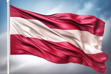 Austria flag waving in a blue cloudy sky, close-up