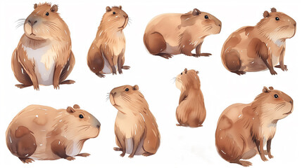 Fototapeta premium Set of cute and funny capybaras in different poses as a watercolor illustration on a white background
