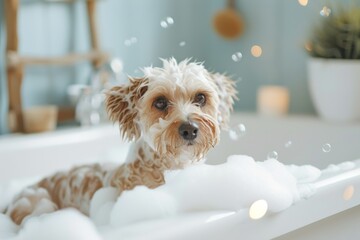 A bubbly yorkipoo puppy enjoys a luxurious soak in the bathtub, showcasing the bond between humans and their beloved toy dog companions