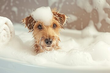A playful terrier enjoying a snowy winter day, splashing in a bubbly bathtub with a look of pure joy on its furry face