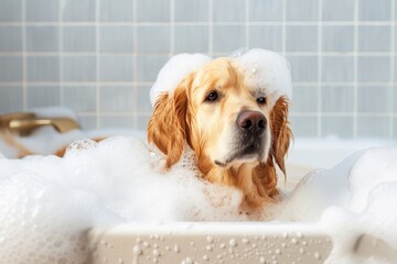 A playful brown dog of a specific breed enjoys a bubbly snow day in the warmth and comfort of an indoor bathtub