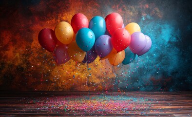 An explosion of vibrant colors and playful elements fill the canvas as balloons and confetti come to life in this whimsical party-themed painting