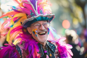 A vibrant man adorned in a flamboyant feathered ensemble radiates joy as he embraces the festive atmosphere of mardi gras