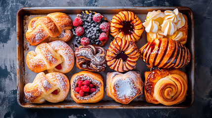 Danish pastries are delicious and fresh on an aluminum baking sheet - obrazy, fototapety, plakaty