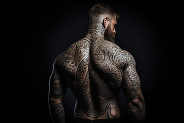 Fototapeta na wymiar Tattooed Man With Intricate Designs on His Back