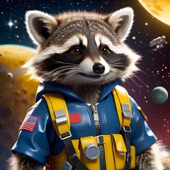 Deurstickers Imagine stumbling upon the most adorable and fluffy baby raccoon you've ever seen, but with a twist: it's floating in outer space, surrounded by a dazzling backdrop of stars. This little critter, with © bulent
