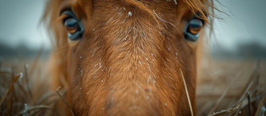 A majestic liver-colored sorrel horse stands proudly in a field of lush green grass, its fawn eyes gazing intently at the camera, showcasing the beauty and grace of this magnificent mammal in its nat