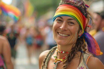 Fototapeta premium A vibrant and joyful woman radiates happiness with her rainbow headband at an outdoor festival, adding a touch of colorful fashion to her already charming smile