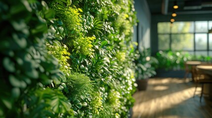 Biophilic design. Green living wall, close-up shot in a modern office.