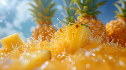 Fresh pineapple with water splash on a vibrant background.