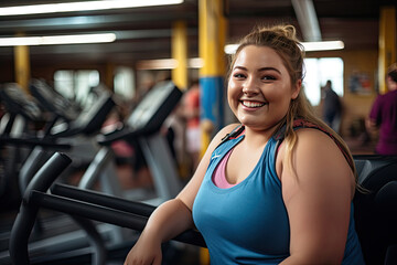 Smiling Woman in Gym With Row of Treadmills