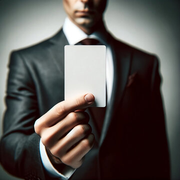 A photograph of a man in a suit holding a blank card with an enhanced level of blur applied to the man to make the card the sole focus of the image