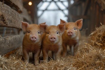 A herd of snout-nosed domestic pigs stand proudly in a sea of golden hay, embodying the essence of farm life and the innate beauty of terrestrial animals - obrazy, fototapety, plakaty